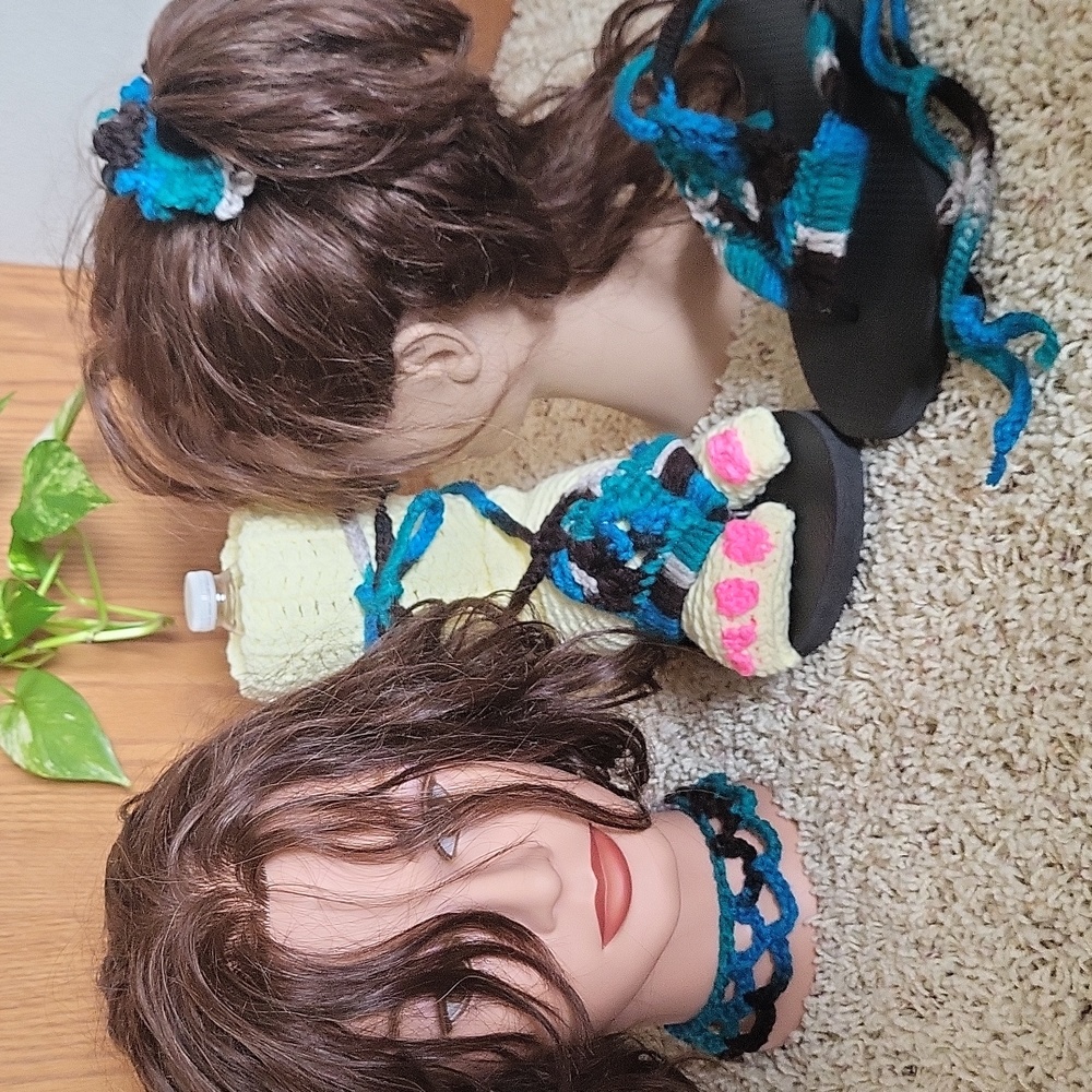 3 piece bundle, Flip flop shoe, scrunchie, chocker necklace handcrafted crochet